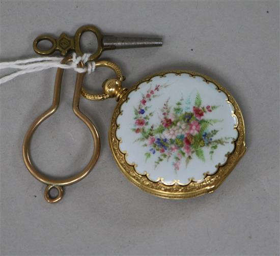 A continental 18ct gold and enamel fob watch with Roman dial.